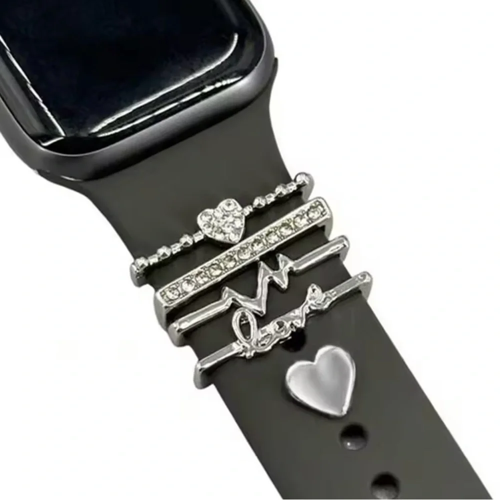 NWT-Silver Heart & Crystal Charm Set for Black Smartwatch Band
